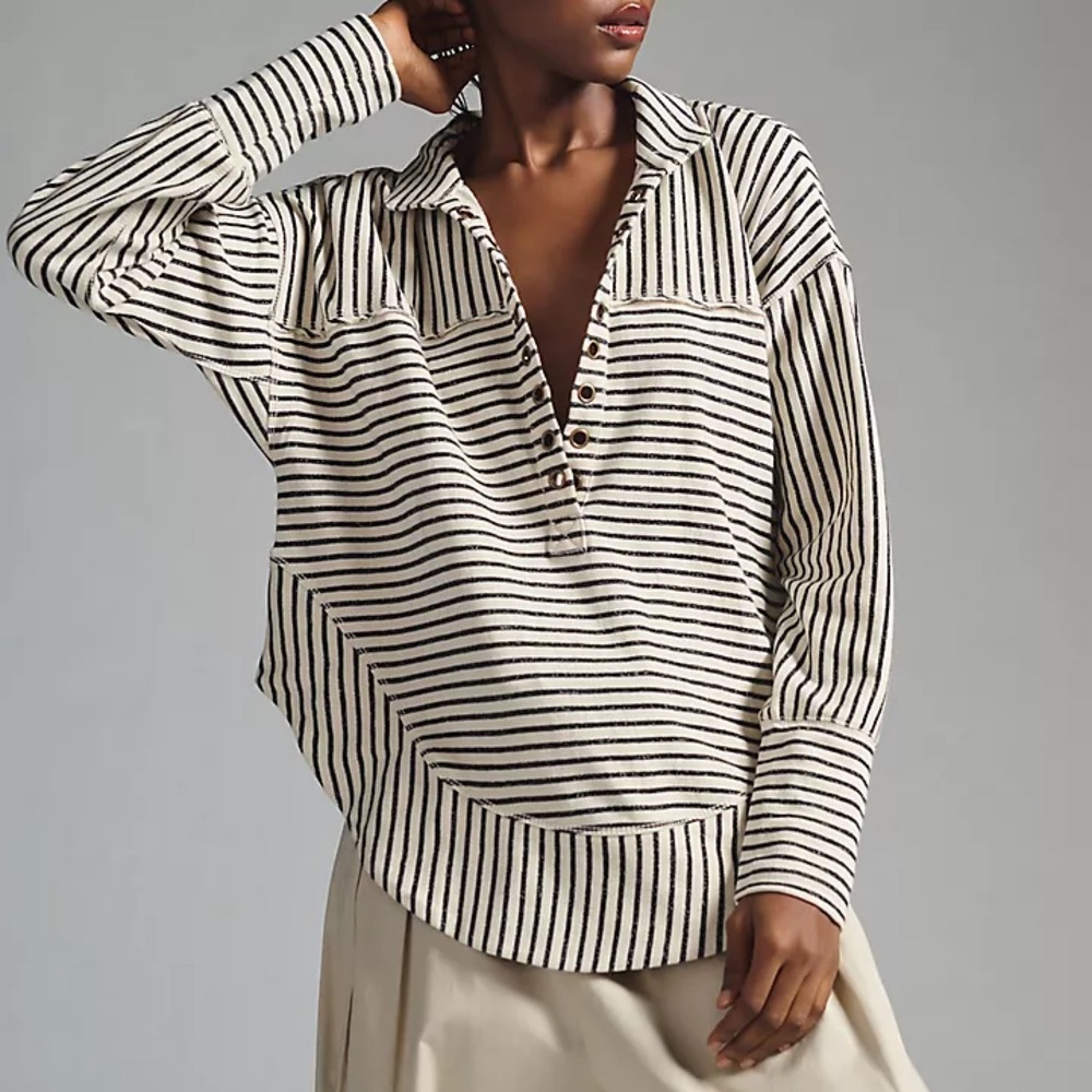 Anthropologie Pilcro Spliced Henley Top XL Striped Boho Coastal Slouchy Relaxed